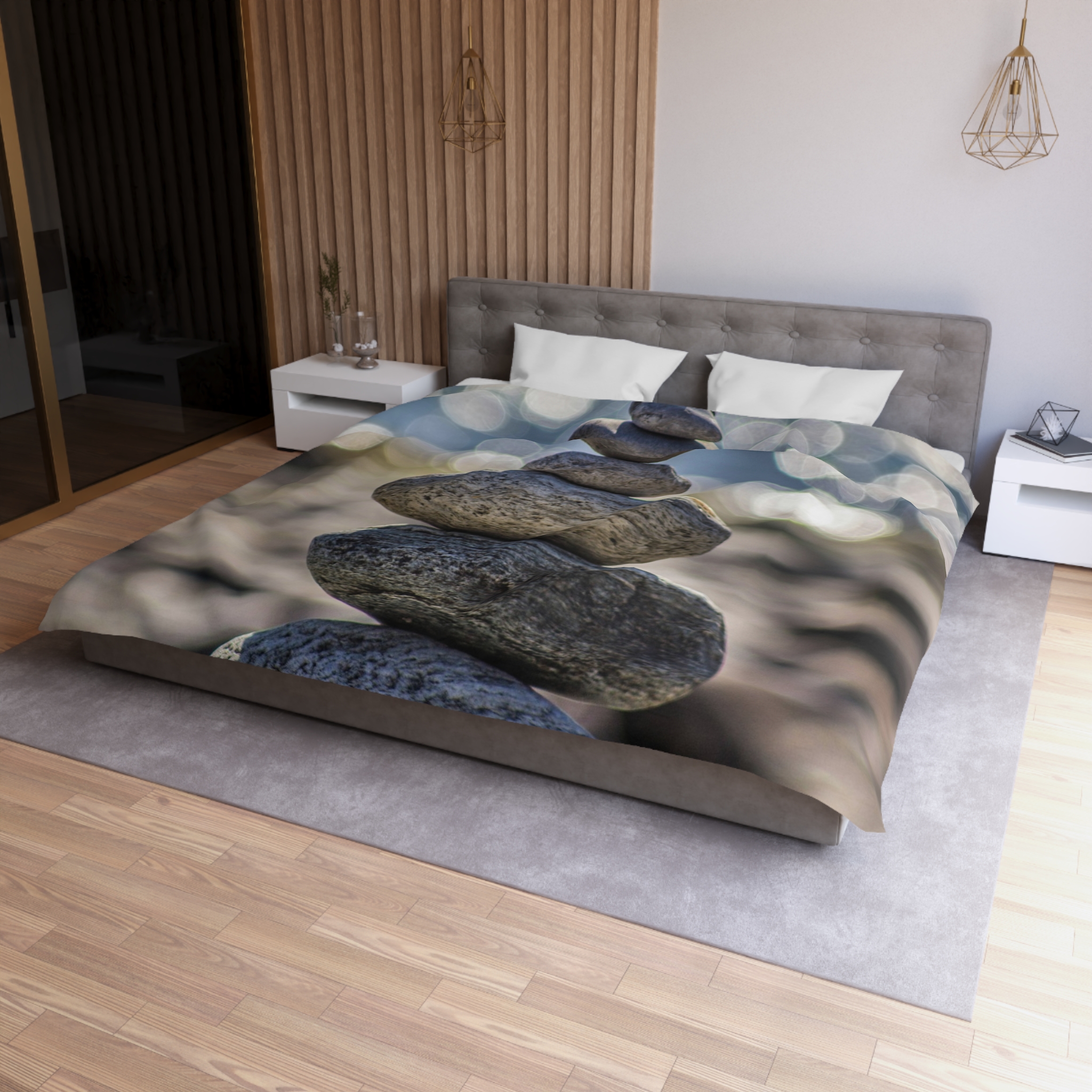 Zen Boulder Duvet Cover - Modern-Coastal Light Bokeh - Image 9