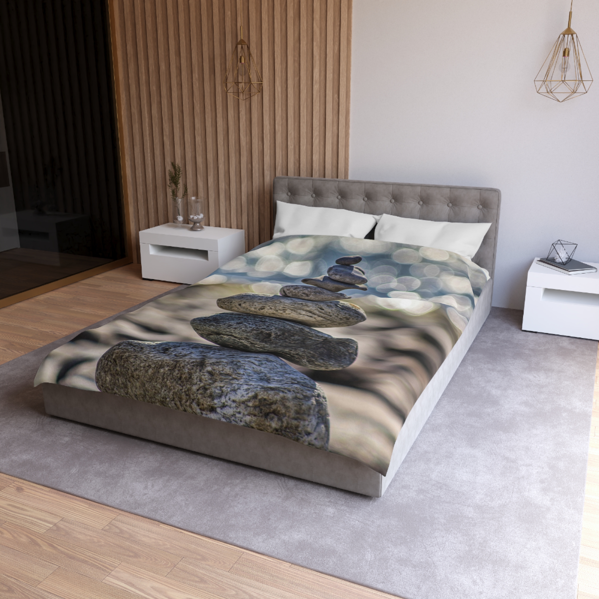 Zen Boulder Duvet Cover - Modern-Coastal Light Bokeh - Image 3