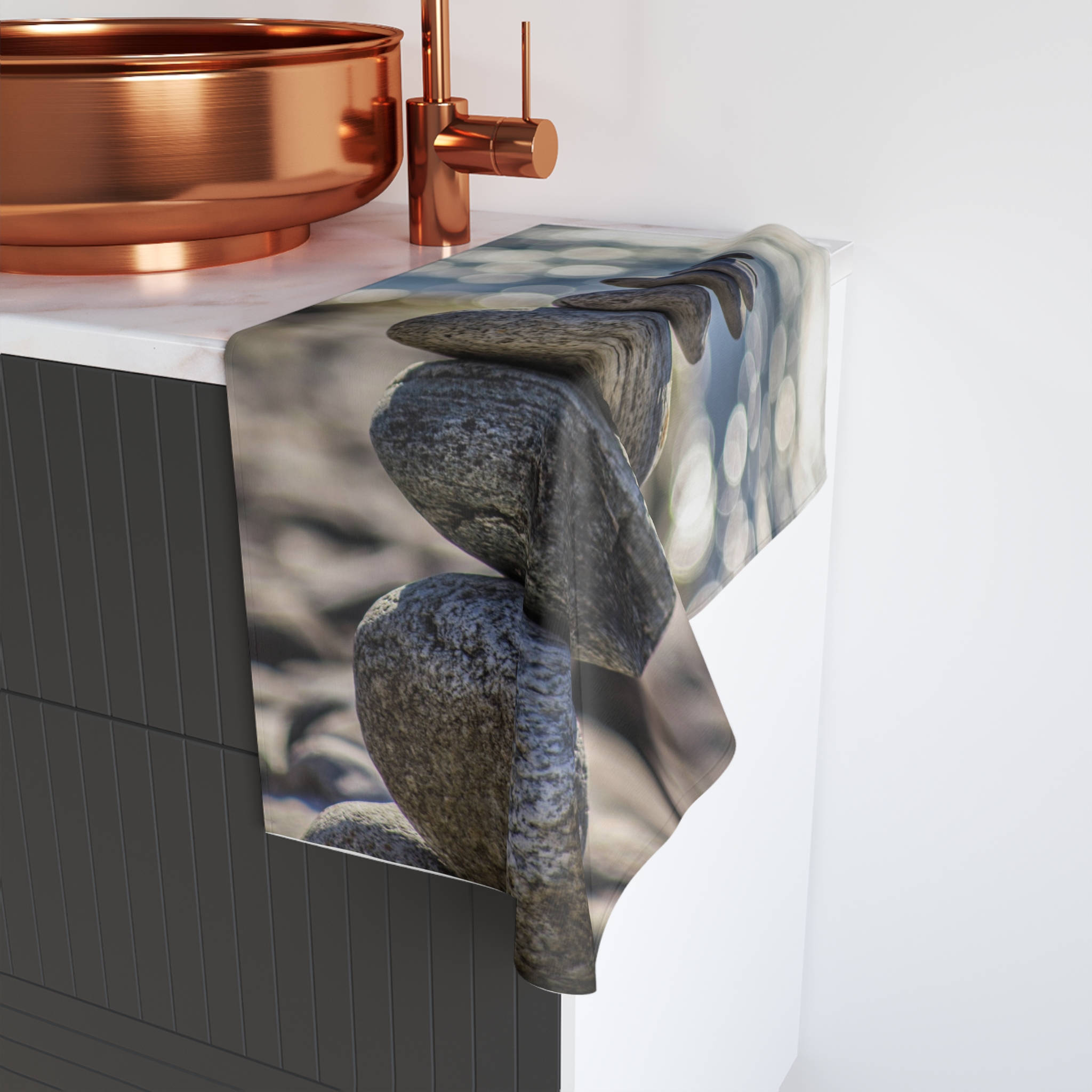 Zen Boulder Hand Towel - Modern-Coastal Light Bokeh - Image 4