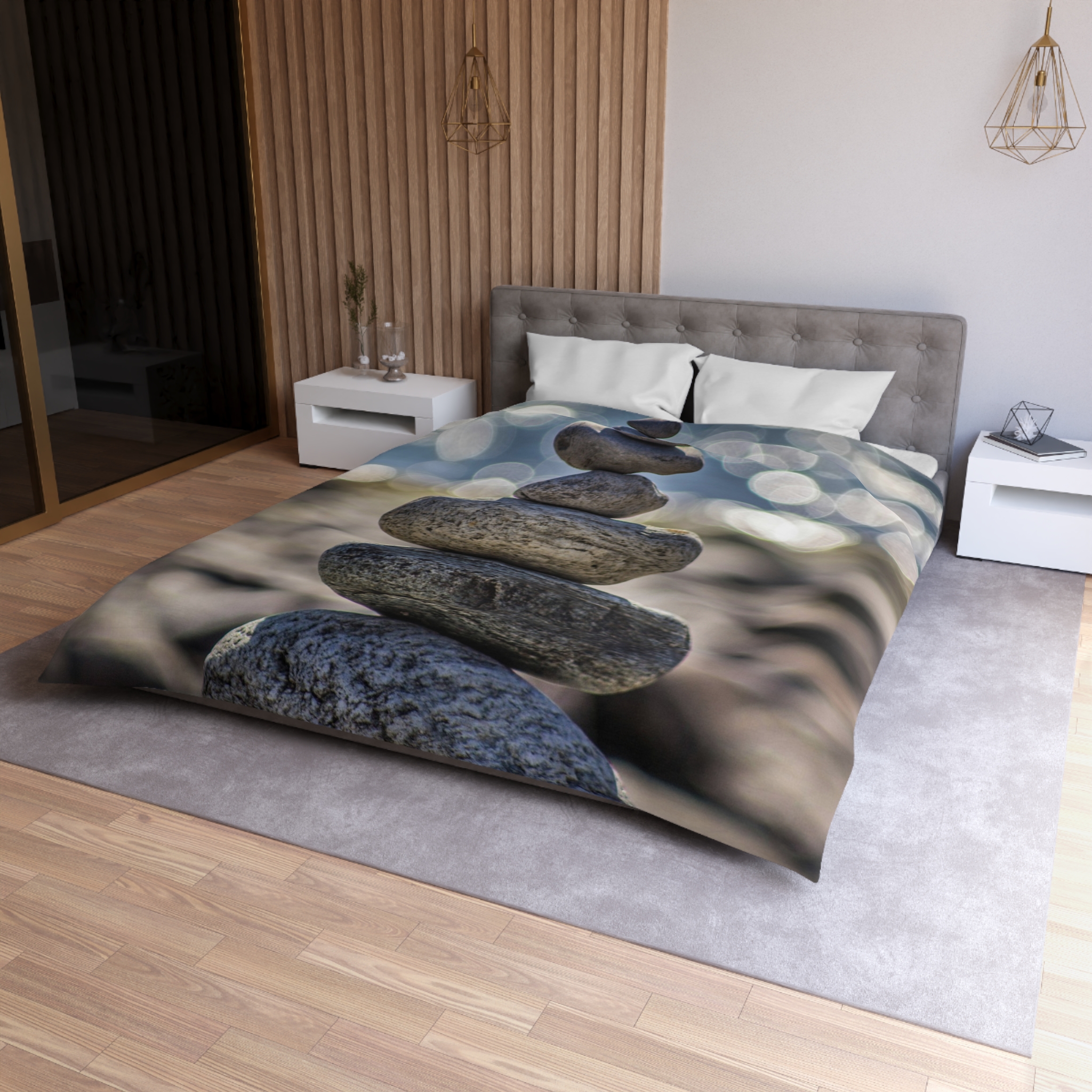 Zen Boulder Duvet Cover - Modern-Coastal Light Bokeh - Image 6